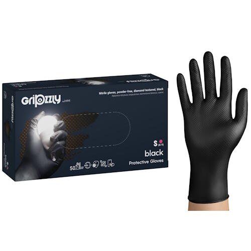 Zarys Gripzzly nitrila vienreizējās lietošanas cimdi, īpaši izturīgi, 8 g, melni, S/M/L/XL/XXL, (50 gab.) - Image 1