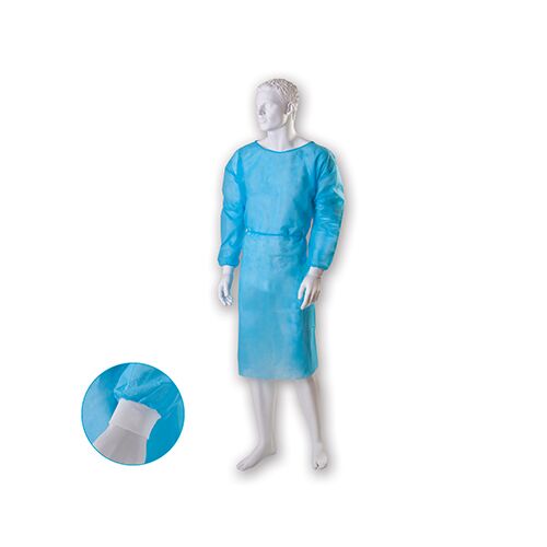 apsiaustas-melynas.jpg Medicīniskais halāts PP, ar aprocēm, aizsienams mugurā, 25 g/m², zils (1 gab.) - Image 1